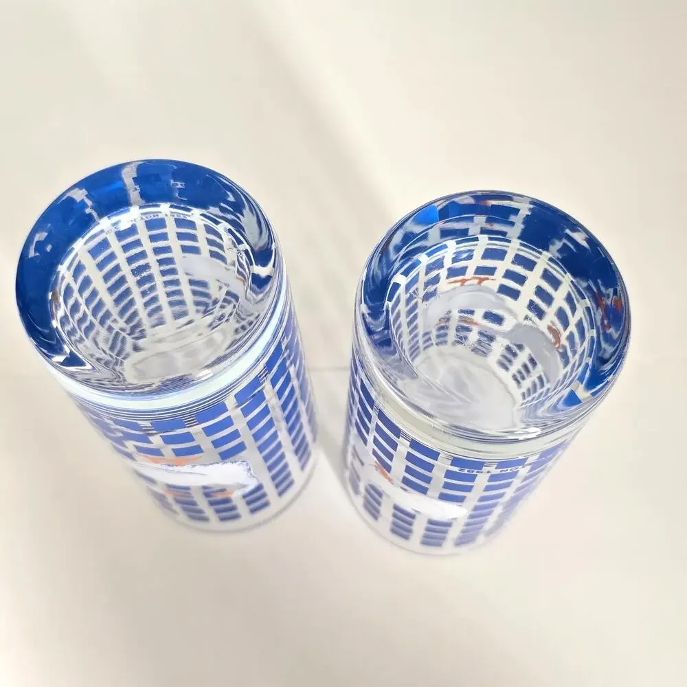 Vintage 80s Carlton White Geese Drinking Glassed Country Blue Checker Farmhouse